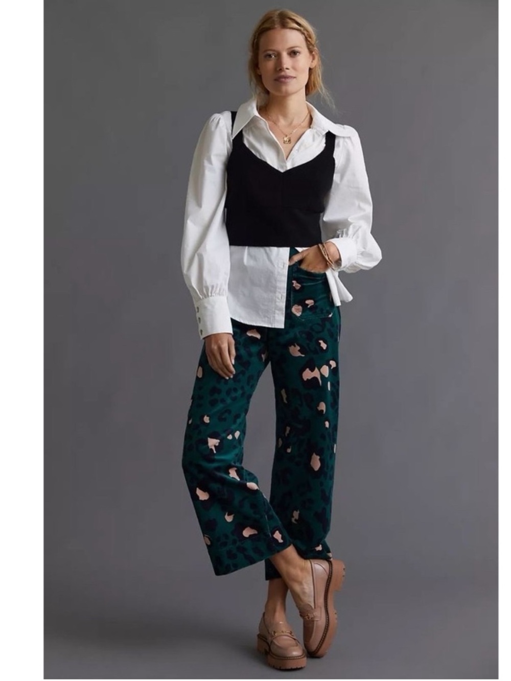Anthropologie Maeve Pants Colette Wide Leg Cropped in Corduroy Green Leopard
